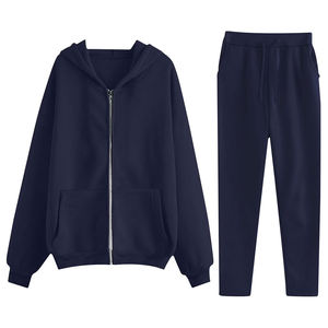 Ensemble de survêtement pour femme bleu marine à fermeture éclair, manches longues, couleur unie, tricoté, respirant, pour l'automne - Product Image 5