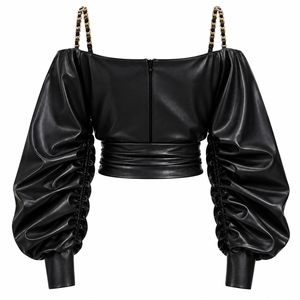 Chemisier court noir en similicuir PU pour femme, à épaules dénudées, style cache-cœur, à manches longues lanternes avec détail chaîne - Product Image 3