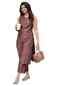 Ensemble Kurta Droit Uni en Rayonne Viscose pour Femme avec Palazzo – Tenue Ethnique Sans Manches Confortable Deux Pièces pour le Bureau - Product Image 4