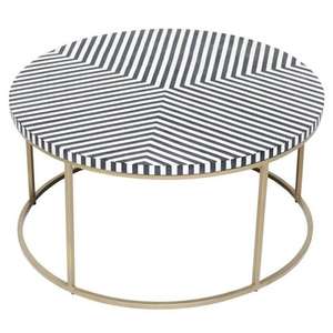 Mesa de Centro Moderna Redonda con Incrustaciones de Hueso, Superficie con Patrón de Rayas de Resina, Mueble de Lujo para Sala de Estar, Mesa de Cóctel con Marco de Metal Dorado - Product Image 1