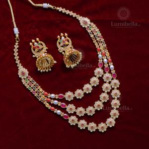 Navarathna 18K Gold Plated Three Layer Bridal Necklace Set with Zirconia Earrings - Product Image 1