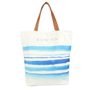 Sun Yin <b>Canvas</b> Tote Bag Large Size Striped <b>Blue</b> Watercolor Pattern Top Handle Shoulder Length Beach Shopping Bag - Product Image 1