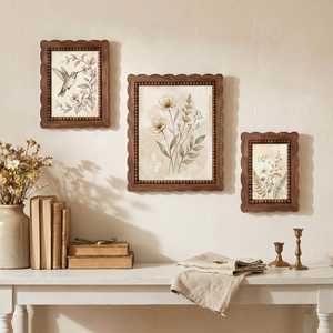 Scalloped Walnut Beaded Wood Picture <b>Frame</b>, Rustic Framed Vintage Botanical Print Fits Farmhouse <b>Wall</b>&Tabletop Single or Set - Product Image 6