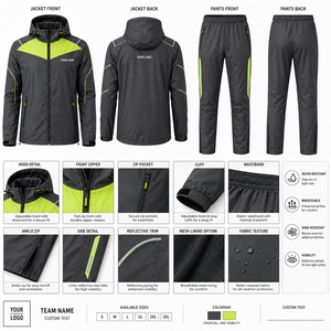Ensemble de survêtement imperméable gris pour homme avec doublure réfléchissante vert citron, fermeture éclair intégrale, style sportif, coupe-vent pour homme - Product Image 4