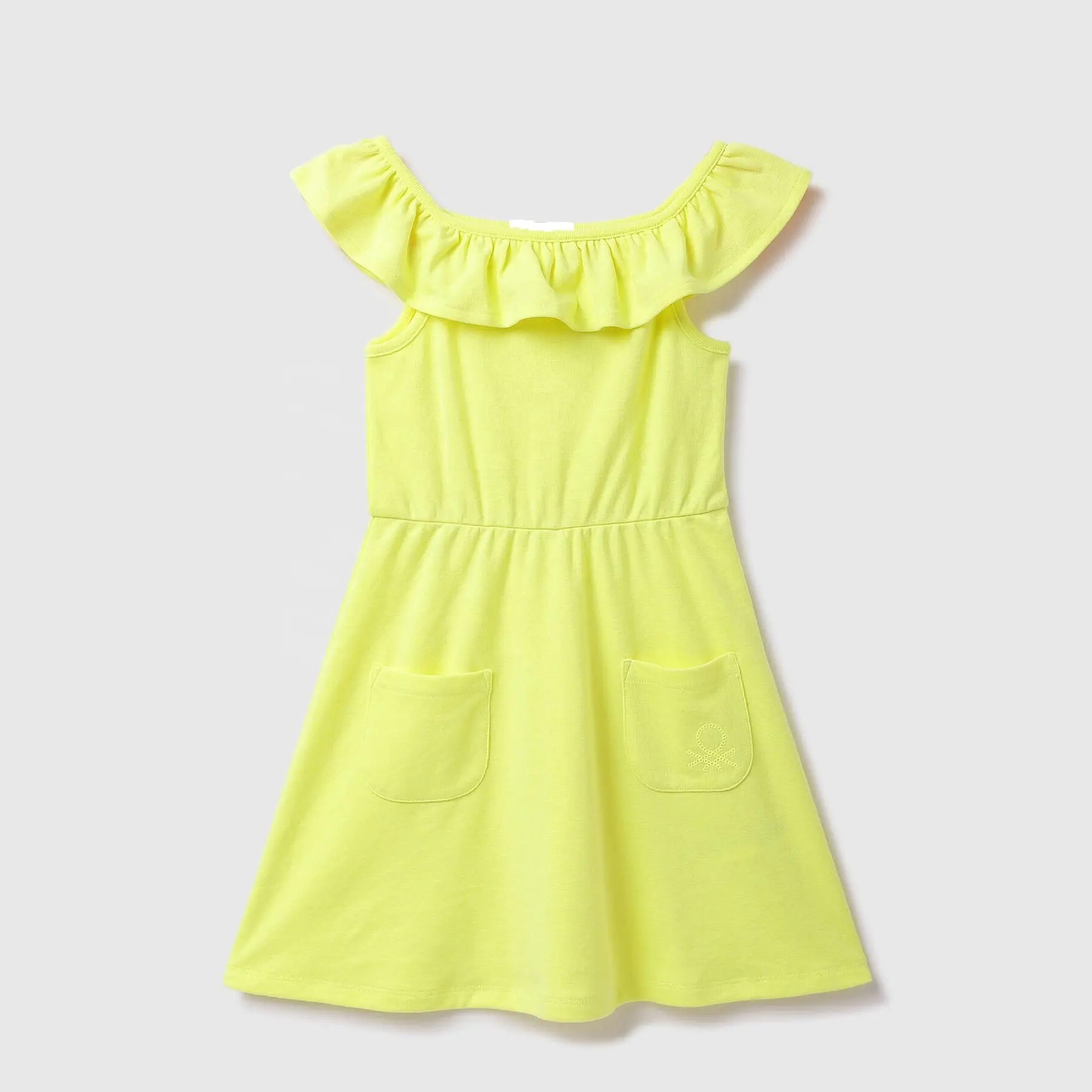 Baumwolle Mädchen Röcke Baby Sommer Kleidung Kleine Mädchen Kleinkind Kinder kleider neon orange gelbes Kleid mit Rüschen und Taschen