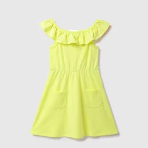 纯棉女孩裙子婴儿夏装小女孩婴儿童装霓虹橙黄色连衣裙，带褶边和口袋
