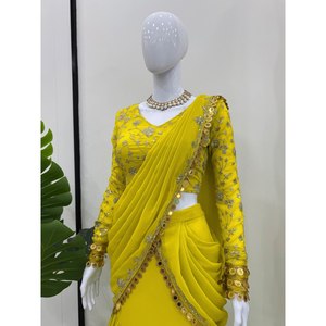 ชุดแต่งกายสำหรับงานปาร์ตี้ชุดแต่งกายสำหรับการแสดงชุด lehenga สีเหลืองแบบไม่เย็บ - Product Image 1