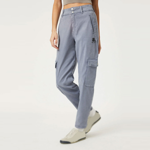 Pantalon cargo taille haute pour femme, bleu uni, coupe droite, longueur intégrale, avec poches, style décontracté, en toile respirante tissée - Product Image 6