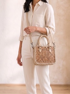 Hand Tooled Floral Leather Handbag Embossed Animal Print Zipper Closure Speedy <b>Purse</b> Tote Satchel Shoulder Bag for Women - Product Image 4