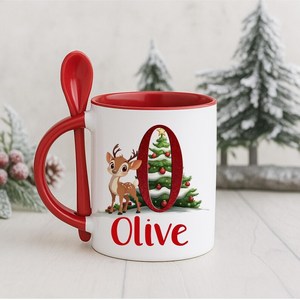 Custom Name Initial <b>Christmas</b> Porcelain Coffee Mug with Spoon Dishwasher & Microwave Safe Cute Design Red White Holiday <b>Gift</b> <b>Box</b> - Product Image 4