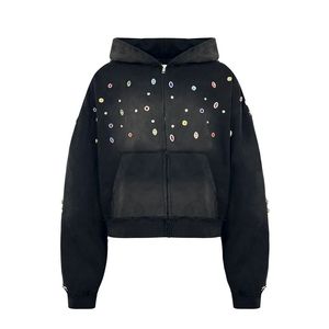 Sudadera con Capucha Negra Personalizada para Hombre, Estilo Urbano, con Diseño de Puntos de Diamantes de Imitación, Tejido de Felpa Francesa, para Otoño, Mayorista OEM - Product Image 1