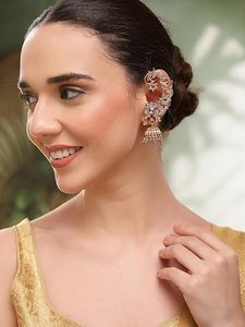Luxury Gold Plated Certified Kundan <b>Ear</b> <b>Cuff</b> Jhumka <b>Earrings</b> Women Indian Bridal Wedding Jewelry Peacock Pearl Drop Style Ethnic - Product Image 2