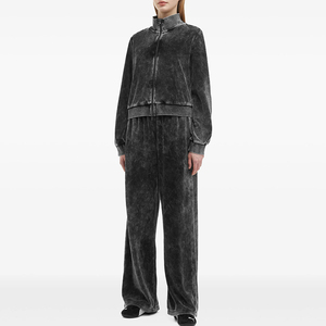Survêtement gris en velours délavé pour femme, manches longues, col montant, fermeture éclair sur le devant, coupe ample, pantalon large, couleur unie, décontracté, OEM - Product Image 2