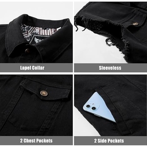Custom Men's Summer <b>Black</b> 100% Cotton <b>Denim</b> Sleeveless <b>Vest</b> Raw Edge Biker Casual Streetwear Waistcoat - Product Image 3