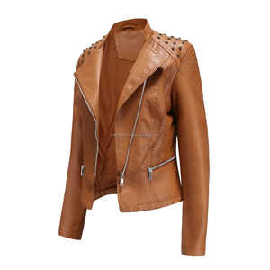 Brown Casual Biker Style <b>Leather</b> Women's Jackets with Round Studded Shoulders Slim Fit Asymmetrical Zipper and Pockets - Product Image 3