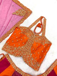 Ensemble Anarkali indien pakistanais rose orangé, ensemble Lehenga brodé, dupatta en filet, tenue de cérémonie festive - Product Image 4
