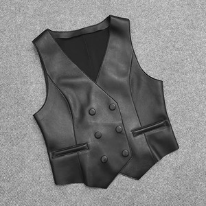 Gilet imperméable en cuir véritable pour femme avec fermeture triple boutonnage en toile, style streetwear - Product Image 2