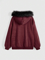 Veste d'hiver pour femme, style streetwear, rouge bordeaux, brodée, gothique, en polaire tricotée, zippée, à manches longues, avec imprimé croix et capuche en fausse fourrure