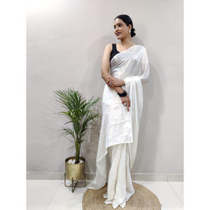 SOIRÉE SATIN SOIE UNI PRÊT À PORTER SAREE SANS COUTURE BLOUSE BLANC - Product Image 1