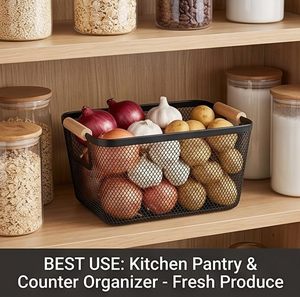 Metal Mesh <b>Storage</b> <b>Basket</b> with Natural Wooden Handles <b>Rectangular</b> Wire Organizer Bin for Kitchen Pantry Bathroom Cabinet Closet - Product Image 6