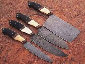 Ensemble de 4 couteaux de cuisine écologiques ambidextres, lames en acier Damas, manches en bois de rose brun beige, longueur 6-7,9 pouces, finition mate - Product Image 1
