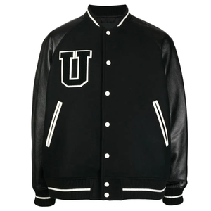 Men's Black Varsity Jacket PU Leather Sleeve Letter U Print Turn-down Collar Button Closure Preppy Style Autumn Wear - Product Image 4