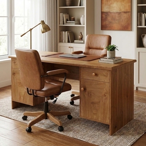 Escritorio Ejecutivo de Madera Sólida de Pino Nudoso Artesanal con Doble Pedestal, Mesa de Computadora para Oficina en Casa, Estación de Trabajo con Cajones, Acabado Natural - Product Image 2