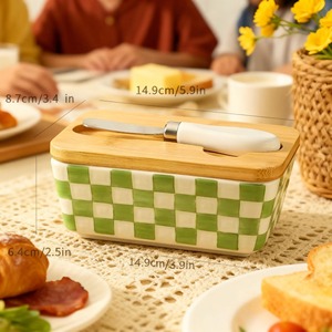 Green <b>Check</b> Design Ceramic Butter Dish With Wooden Lid For Daily Use Kitchen <b>Table</b> Elegant Butter Storage From India - Product Image 1