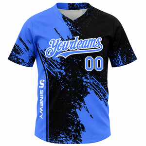 Maillot de baseball personnalisé par sublimation, unisexe, bleu et noir, col en V, polyester respirant, manches courtes, adulte, toutes saisons - Product Image 2