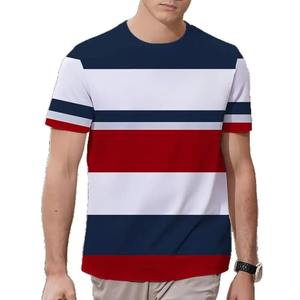 T-shirt décontracté d'été pour homme à manches courtes avec motif rayé contrastant, col imprimé, en tissu éponge 100 % coton, séchage rapide - Product Image 3