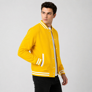 <b>Men's</b> Yellow Varsity Jacket With <b>White</b> Trim Button Front Casual Style Autumn Wear Regular Fit Solid Color <b>Fleece</b> Material - Product Image 4