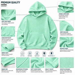 เสื้อฮู้ดดี้โอเวอร์ไซส์สีเขียวมิ้นท์สำหรับผู้หญิง ผ้าฝ้ายฟลีซ 100% สีพื้น มีกระเป๋า เสื้อสวมหัว สไตล์ลำลองสำหรับฤดูใบไม้ร่วง - Product Image 6
