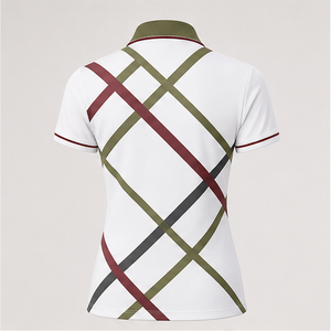 เสื้อโปโลผู้หญิงสีขาว-เบอร์กันดี ลายเส้นไขว้ แห้งเร็ว ระบายอากาศดี แขนสั้น สำหรับเล่นกอล์ฟ รุ่น WPS-0899 - Product Image 1