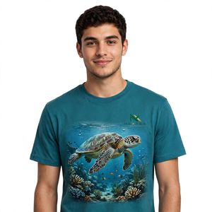 NEXTEX Camiseta unisex con estampado de tortuga marina y arrecife de coral, color verde azulado, de algodón suave, cuello redondo, informal - Product Image 1