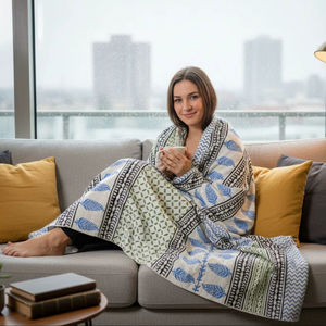 ผ้าห่มผ้าฝ้ายออร์แกนิกพิมพ์ลายบล็อกสไตล์โมเดิร์นทำมือ สำหรับเตียง โซฟา ตกแต่งห้องนั่งเล่น เป็นมิตรกับสิ่งแวดล้อม ใช้ได้ทุกฤดู ของตกแต่งบ้าน - Product Image 1