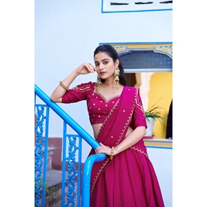 Designer Rani Pink NC Silk Women's Sets <b>Sequins</b> and Thread Work Lehenga Set - Product Image 2