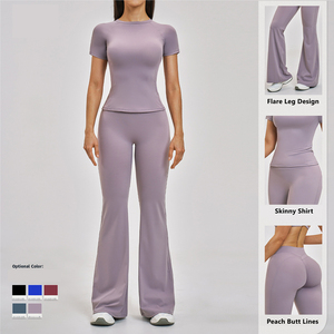 Conjunto de yoga transpirable para mujer: leggings acampanados de control de abdomen, top de manga corta, pantalones acampanados ligeros de color liso, conjunto de 2 piezas para entrenamiento. - Product Image 2