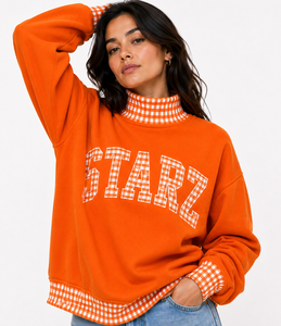 Sweat-shirt décontracté personnalisé à col roulé pour femme, motif à carreaux, à pois, patchwork, grande taille, en coton, pull oversize - Product Image 1