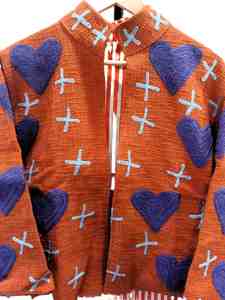 Chaqueta Bomber Unisex de Algodón Color Naranja Quemado, Bordado a Mano con Aplique de Corazón Morado, Cuello Alto Floral, Estilo Boho Tejido, para Verano - Product Image 4