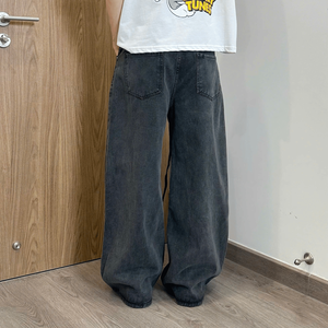 Jean baggy droit unisexe pour homme, personnalisable avec logo, style streetwear hip-hop, hiver, délavé, effet usé, en denim épais de coton biologique, avec cordon - Product Image 3