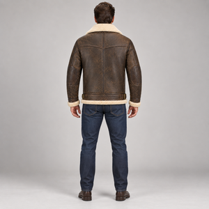 <b>Men</b>’s Brown Aviator <b>Shearling</b> Leather <b>Jacket</b> with Warm Fur Lining, Adjustable Buckles and Utility Pockets - Product Image 4