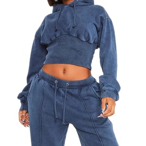 Women Blue Hooded Cropped Sweatshirt And Loose Fit Drawstring Jogger Pants <b>Set</b> Casual Solid Color Full Sleeve Autumn Tracksuit - Product Image 4