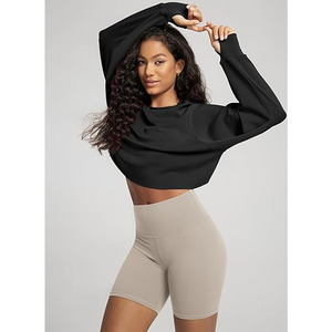 Sudadera con capucha para mujer, 100% algodón, cuello redondo, antipilling, transpirable, bordado sólido, otoño, hombros caídos, corte holgado y corto, hecha a medida - Product Image 3