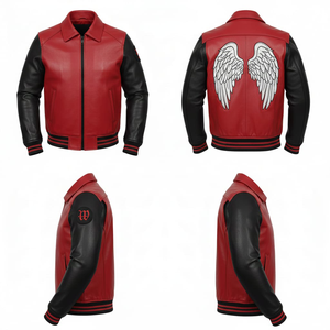 Veste en cuir véritable et toile écologique coupe-vent personnalisée rouge et noire pour homme, broderie ailes d'ange, streetwear bicolore - Product Image 5