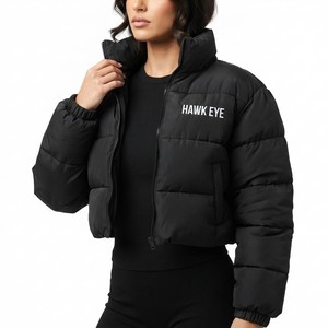 Women's Black Quilted <b>Cropped</b> <b>Puffer</b> <b>Jacket</b> Full Zip Stand Collar Winter Outerwear Short Length Fashion <b>Jacket</b> - Product Image 6