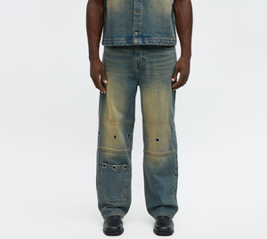 Men’s Wide-Leg Distressed Denim Jeans Faded Blue to Yellow Gradient Wash with Metal Patch Pocket Streetwear Style - Product Image 1