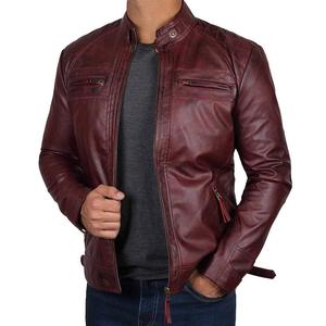 Veste moto en cuir véritable pour homme, col montant, fermeture éclair, couleur unie, style automne, coupe ajustée, longueur normale - Product Image 1