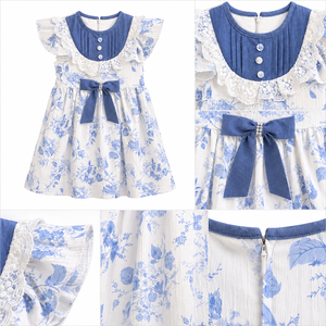 Vestido azul con encaje floral y lazo para niñas |   Elegante Vestido de Princesa para Fiesta - Product Image 5