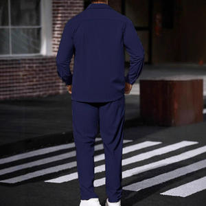 European American Unisex Casual Sports Two-piece Set Simple Button Pocket Lapel <b>Jacket</b> <b>Straight</b>-leg Pants Suit 100% Cotton - Product Image 3