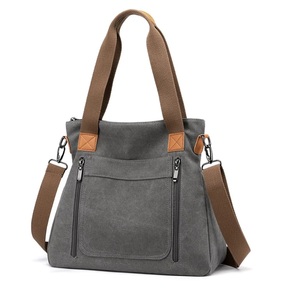 Sac fourre-tout en toile taille moyenne gris avec poignées marron, fermeture éclair, bandoulière, utilisation quotidienne fonctionnelle - Product Image 3